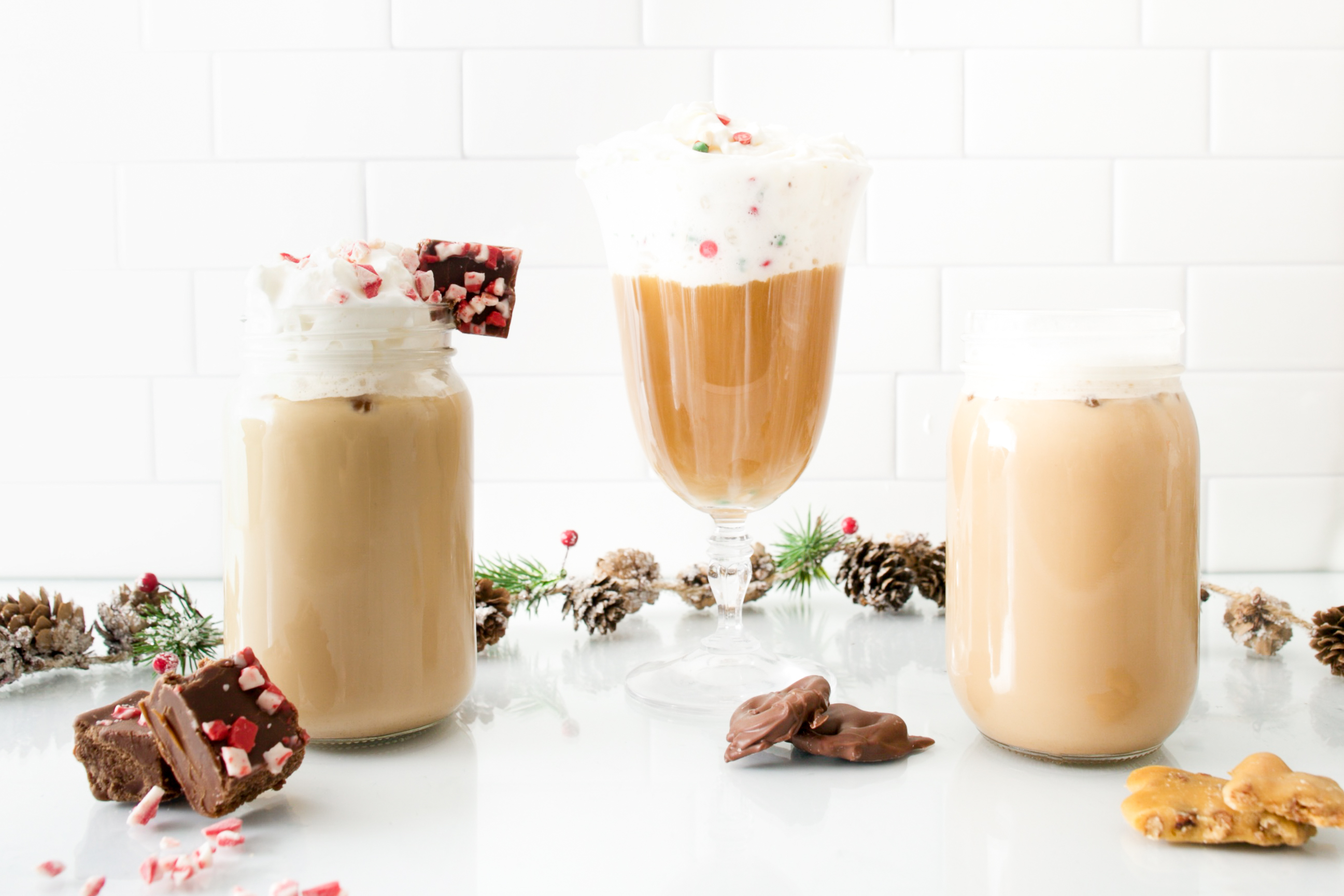 Christmas flavored drinks paired with brittle, fudge, and chocolates by hall's candies
