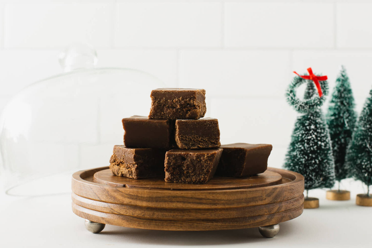 festive pile of chocolate fudge on white background