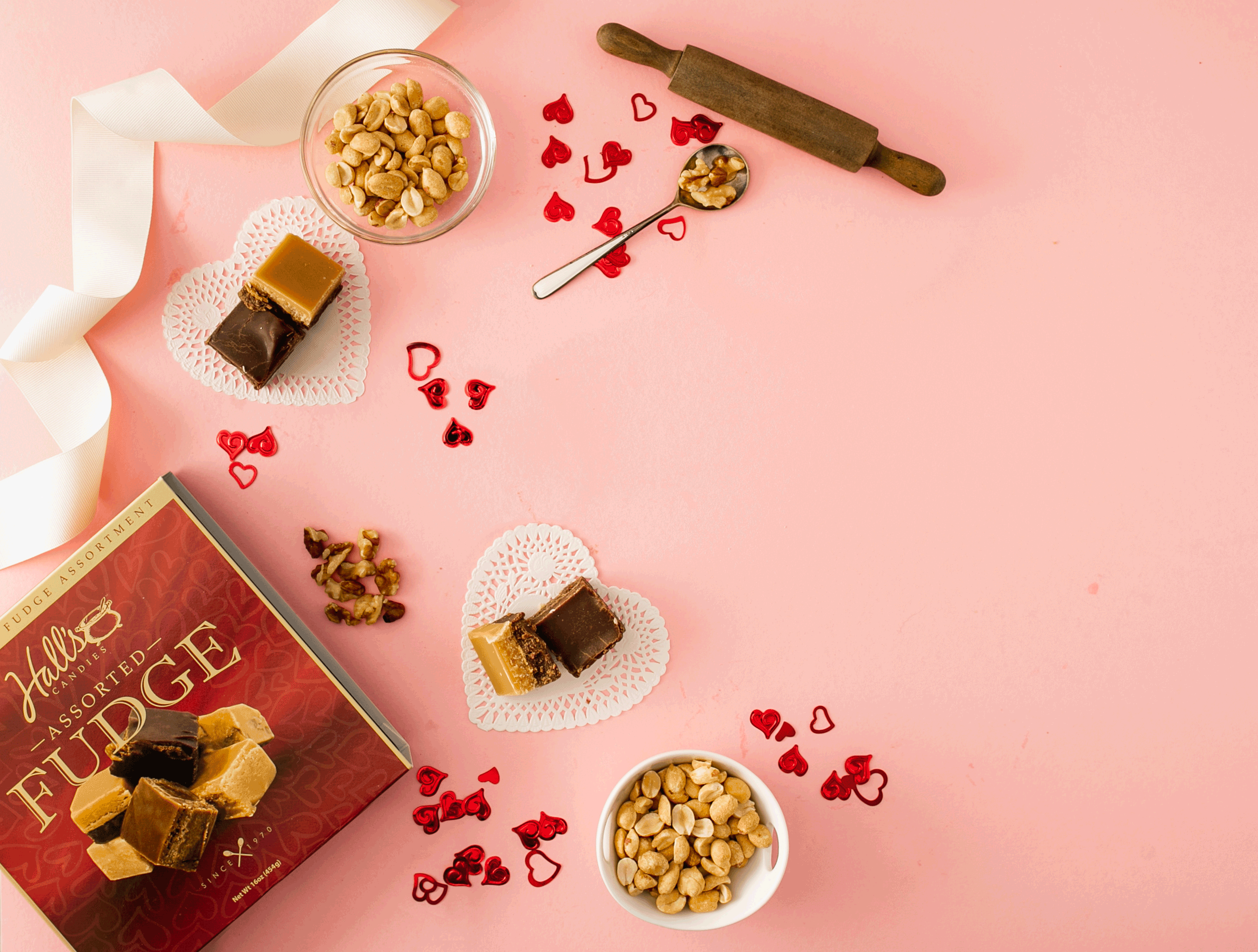 valentines day gift box with hearts and fudge